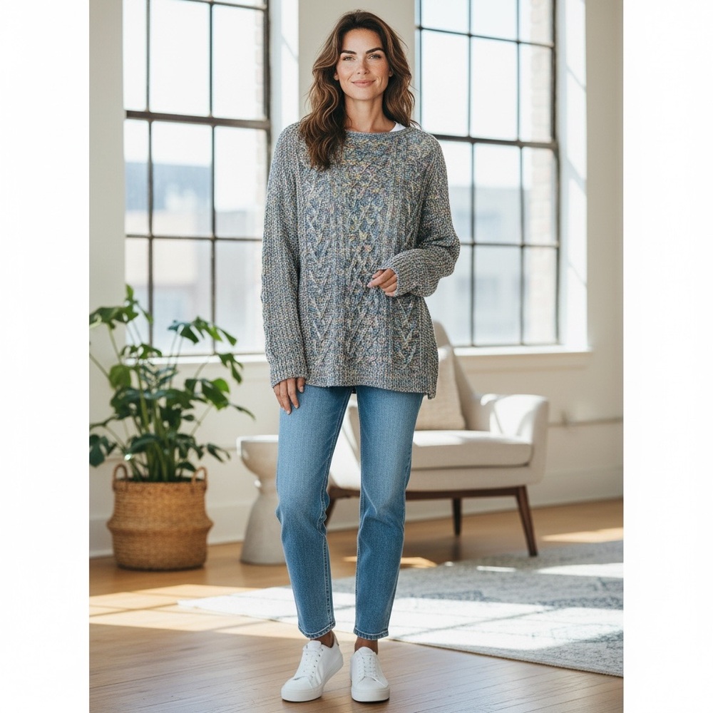 Rainbow Knit Textured Long Crew Neck‎  Pullover Sweater (16-18)